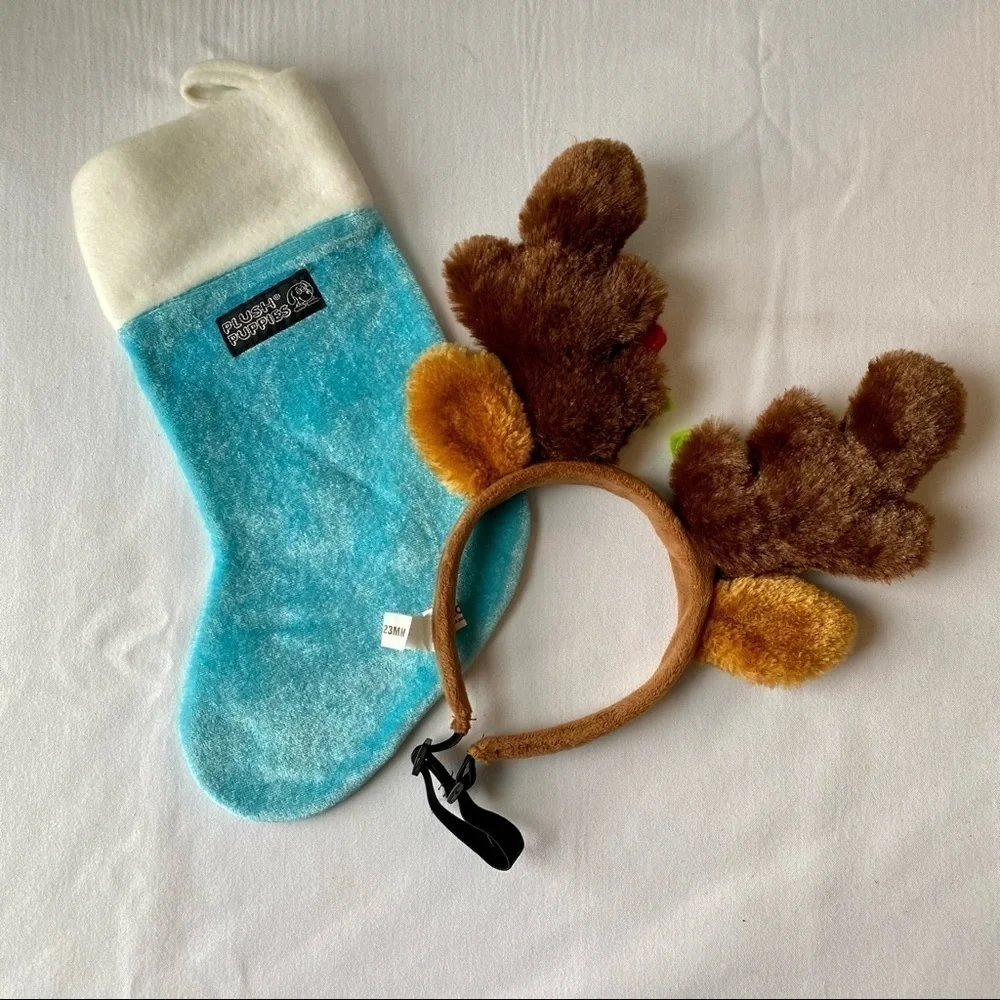 Dog christmas stocking & dog reindeer antlers size M/L with christmas lights